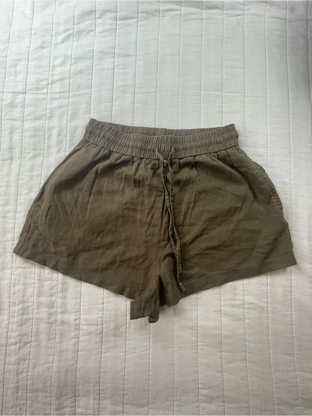 Zara Olive Drawstring Casual Linen-Blend Shorts Small